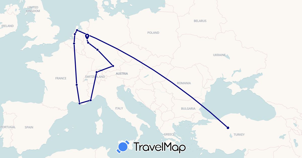 TravelMap itinerary: driving in Belgium, Switzerland, Germany, France, Monaco, Netherlands, Turkey (Asia, Europe)